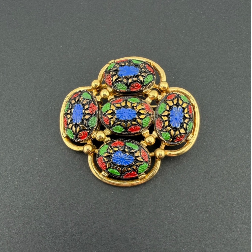 Vintage Sarah Coventry Light of the East Gold Tone Enamel Floral Brooch Pin